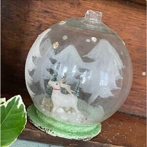 Vintage Round Glass Diorama Ornament Reindeer Bottlebrush Trees Mica MISSING CAP